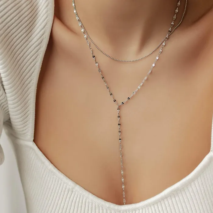 Hey Happiness Necklaces Layered Bead and Flattened Rolo Chain Y Necklace Hey Happiness Necklaces Layered Bead and Flattened Rolo Chain Y Necklace
