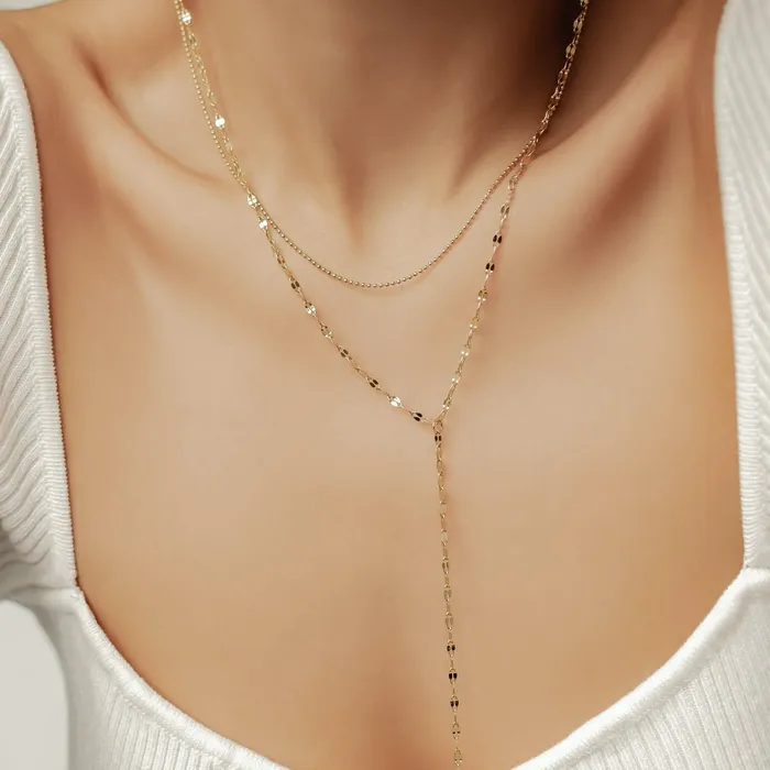 Hey Happiness Necklaces Layered Bead and Flattened Rolo Chain Y Necklace Hey Happiness Necklaces Layered Bead and Flattened Rolo Chain Y Necklace