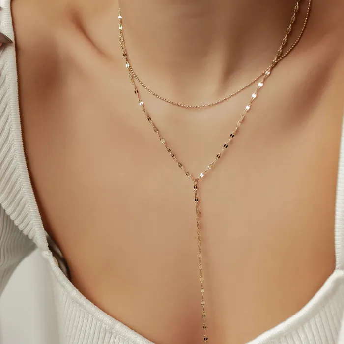 Hey Happiness Necklaces Layered Bead and Flattened Rolo Chain Y Necklace Hey Happiness Necklaces Layered Bead and Flattened Rolo Chain Y Necklace