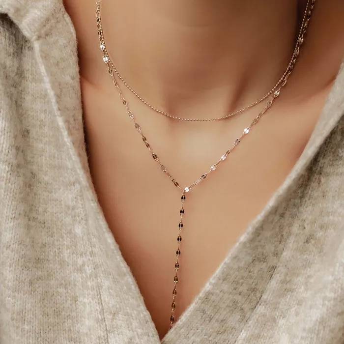 Hey Happiness Necklaces Layered Bead and Flattened Rolo Chain Y Necklace Hey Happiness Necklaces Layered Bead and Flattened Rolo Chain Y Necklace