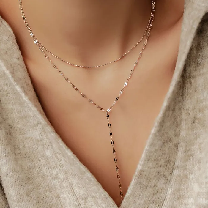 Hey Happiness Necklaces Layered Bead and Flattened Rolo Chain Y Necklace Hey Happiness Necklaces Layered Bead and Flattened Rolo Chain Y Necklace
