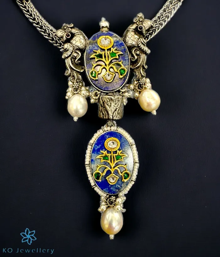 Jaipur Necklaces The Kajri Silver Antique Peacock Kundan Necklace 2 tone Jaipur Necklaces The Kajri Silver Antique Peacock Kundan Necklace 2 tone