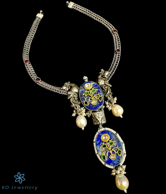 Jaipur Necklaces The Kajri Silver Antique Peacock Kundan Necklace 2 tone