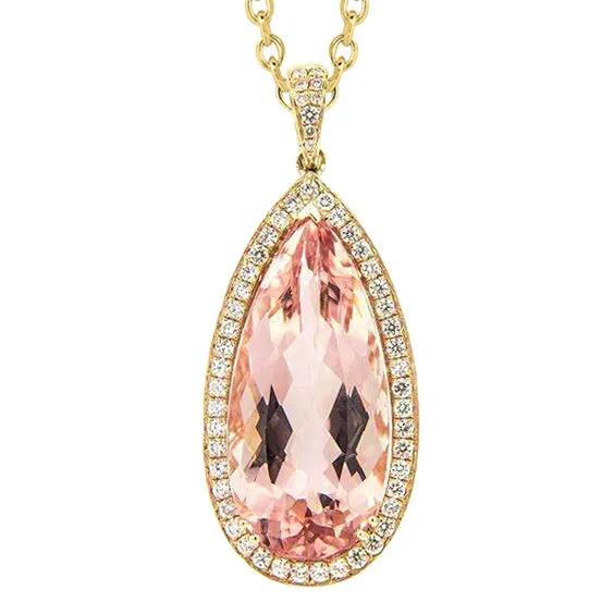 Necklaces GB Yellow Gold 14K 16 Ct Big Morganite With Natural Earth Mined Diamonds Pendant Necklace Necklaces GB Yellow Gold 14K 16 Ct Big Morganite With Natural Earth Mined Diamonds Pendant Necklace