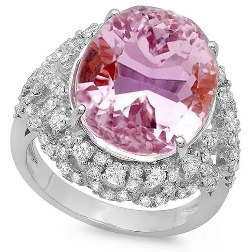 Prong Set 3675 Ct Pink Kunzite With Natural Earth Mined Diamonds Ring White Gold 14K GB Rings