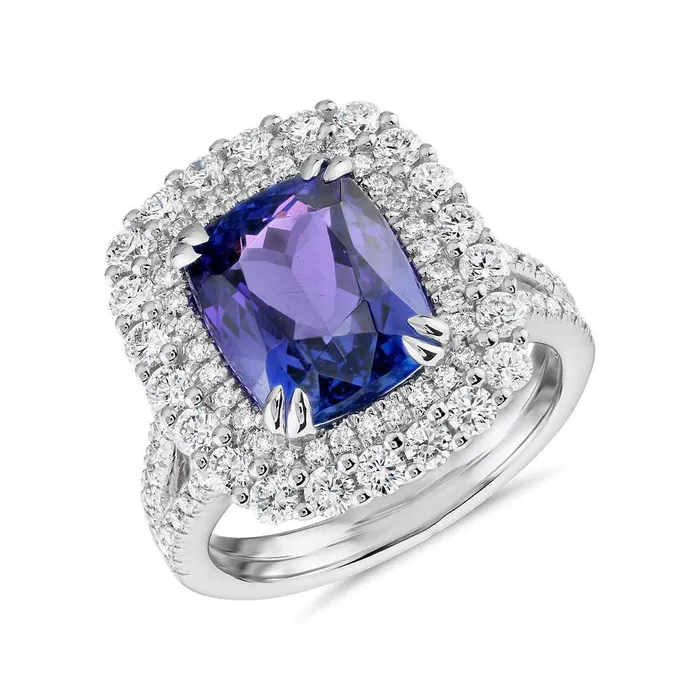 Rings GB 950 Ct Cushion Tanzanite And Natural Earth Mined Diamond Ring White Gold 14K Rings GB 950 Ct Cushion Tanzanite And Natural Earth Mined Diamond Ring White Gold 14K
