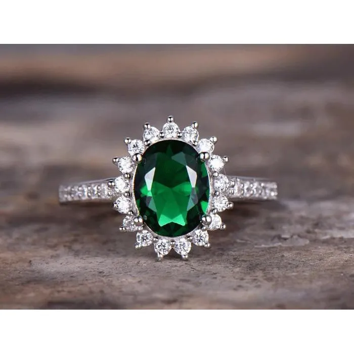 Rings Oval Shape Green Emerald And Natural Earth Mined Diamond Ring White Gold 14K 575 Ct GB Rings Oval Shape Green Emerald And Natural Earth Mined Diamond Ring White Gold 14K 575 Ct GB