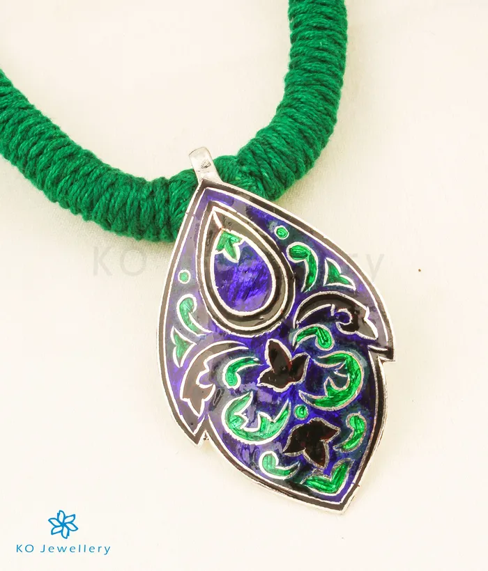 The Vritti Silver Meenakari Thread NecklaceBlueGreen Meenakari Necklaces