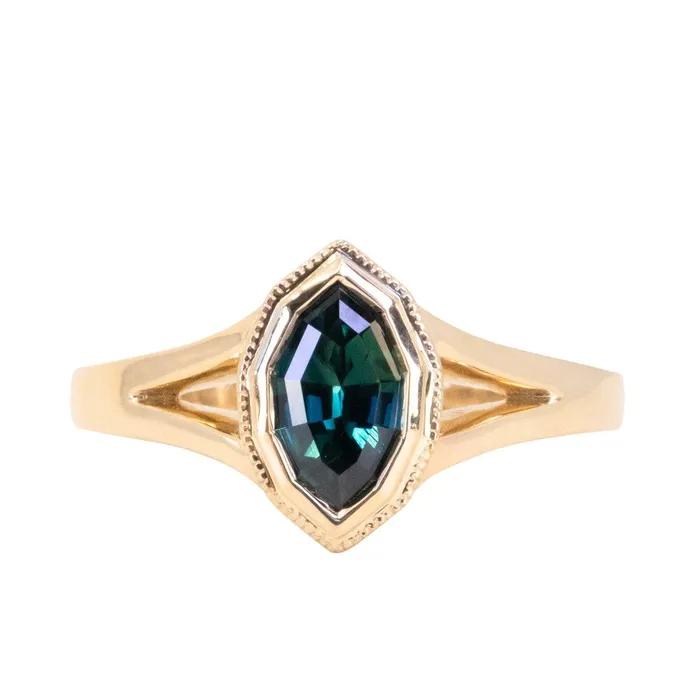 094ct Geo Marquise sapphire split shank bezel ring in 14k Yellow Gold Anueva Jewelry Rings 094ct Geo Marquise sapphire split shank bezel ring in 14k Yellow Gold Anueva Jewelry Rings