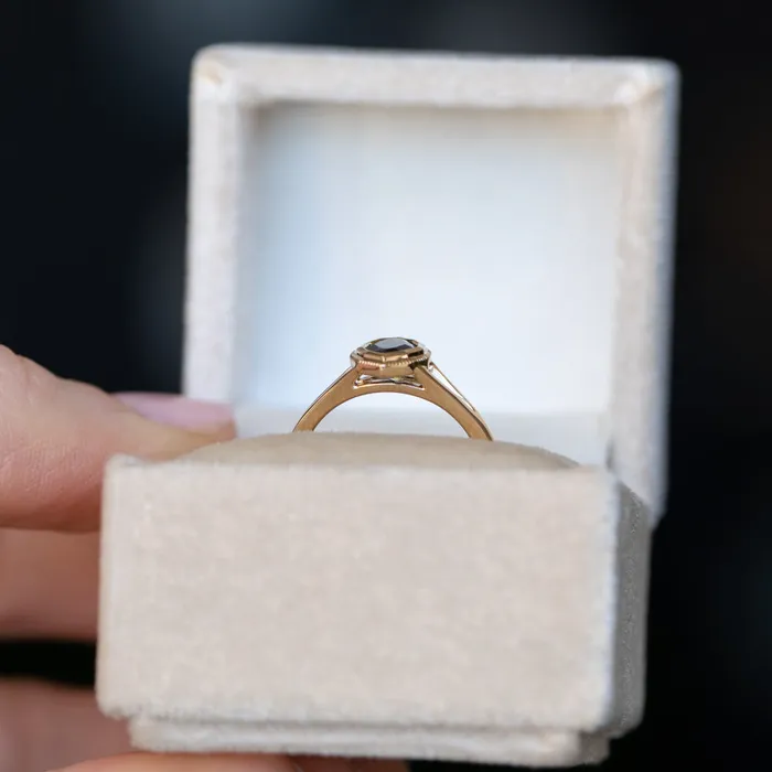 094ct Geo Marquise sapphire split shank bezel ring in 14k Yellow Gold Anueva Jewelry Rings