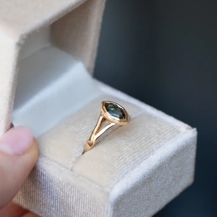 094ct Geo Marquise sapphire split shank bezel ring in 14k Yellow Gold Anueva Jewelry Rings