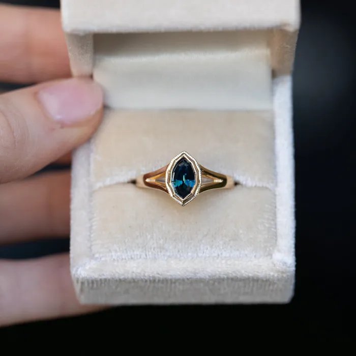 094ct Geo Marquise sapphire split shank bezel ring in 14k Yellow Gold Anueva Jewelry Rings