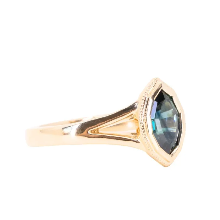 094ct Geo Marquise sapphire split shank bezel ring in 14k Yellow Gold Anueva Jewelry Rings