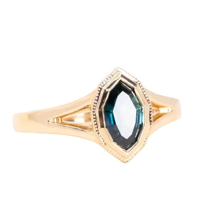 094ct Geo Marquise sapphire split shank bezel ring in 14k Yellow Gold Anueva Jewelry Rings