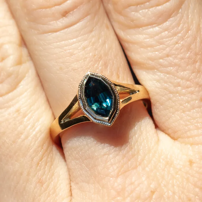 094ct Geo Marquise sapphire split shank bezel ring in 14k Yellow Gold Anueva Jewelry Rings