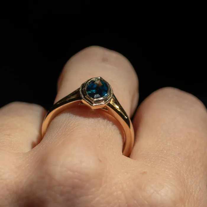 094ct Geo Marquise sapphire split shank bezel ring in 14k Yellow Gold Anueva Jewelry Rings