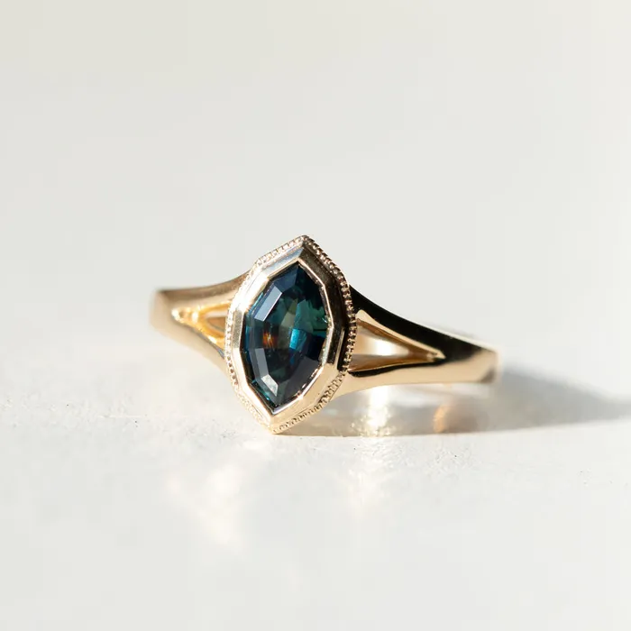 094ct Geo Marquise sapphire split shank bezel ring in 14k Yellow Gold Anueva Jewelry Rings
