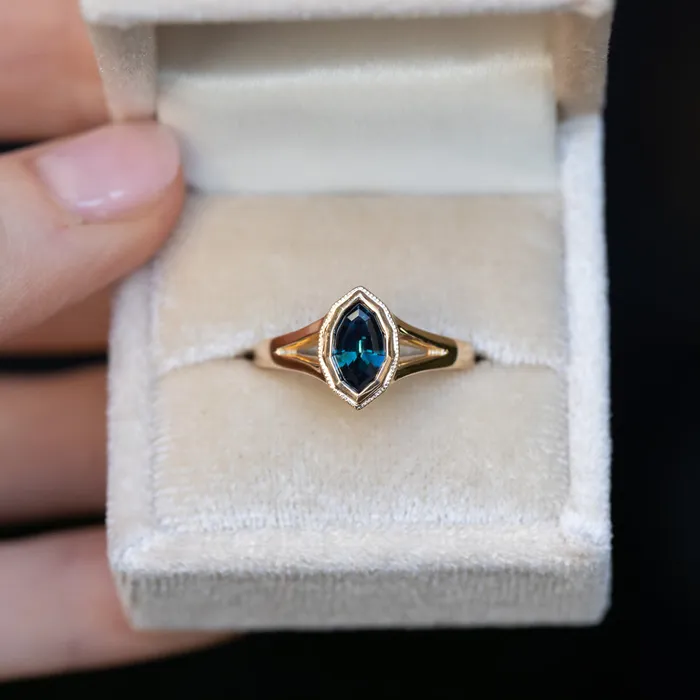 094ct Geo Marquise sapphire split shank bezel ring in 14k Yellow Gold Anueva Jewelry Rings