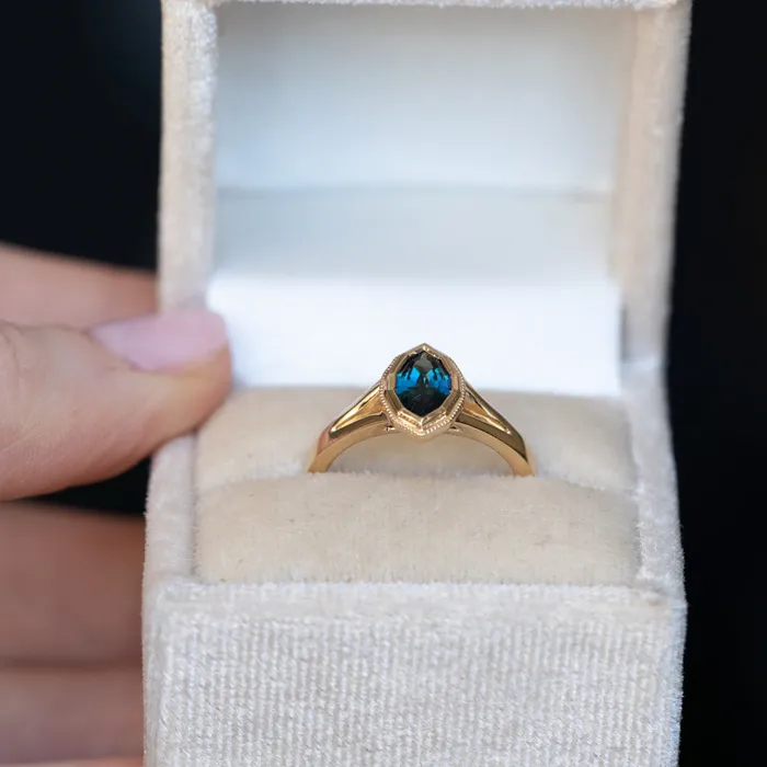 094ct Geo Marquise sapphire split shank bezel ring in 14k Yellow Gold Anueva Jewelry Rings