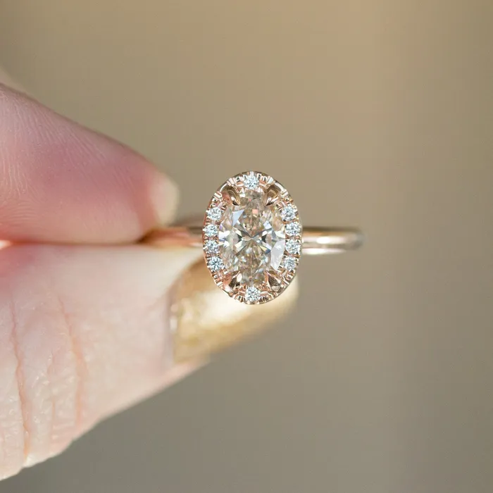 101ct Oval Champagne Diamond in Halo 18k Rose Gold Setting Anueva Jewelry Earrings