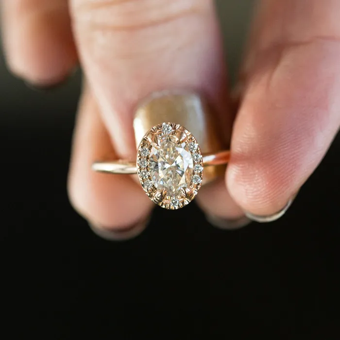 101ct Oval Champagne Diamond in Halo 18k Rose Gold Setting Anueva Jewelry Earrings