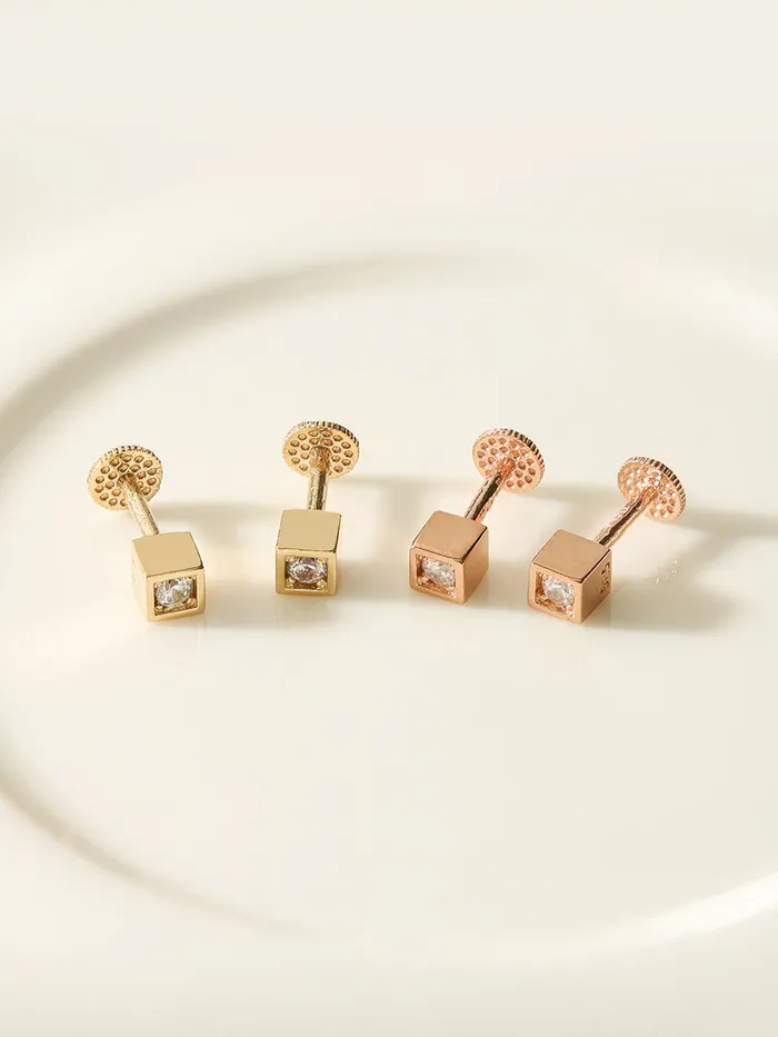 14K Gold Hide Square Cubic Labret Piercing 18g16g MinimalBijoux PreStyled Sets