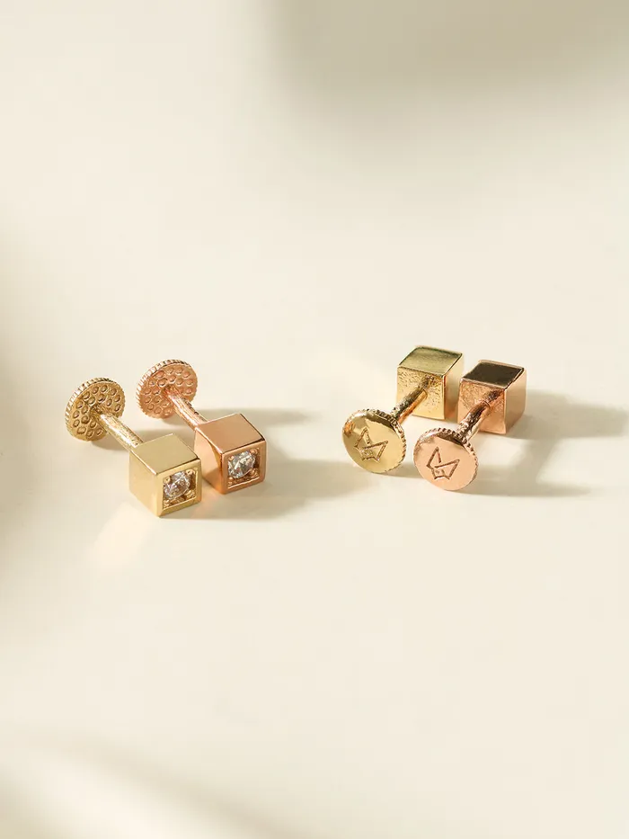 14K Gold Hide Square Cubic Labret Piercing 18g16g MinimalBijoux PreStyled Sets