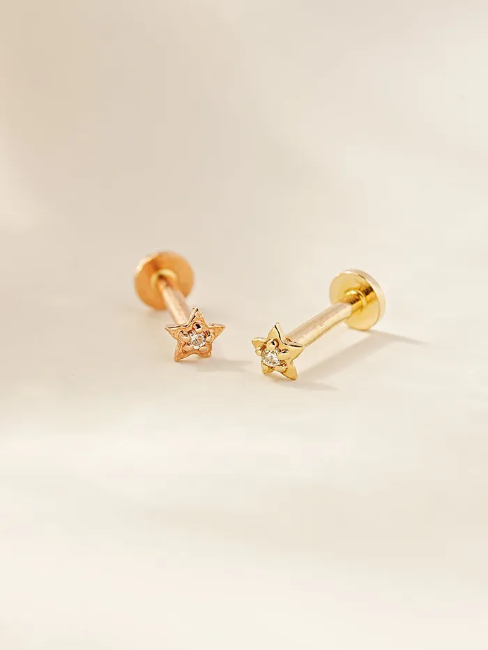 14K Gold Minimi Cubic Star and Heart Internally Threaded Labret Piercing 18G16G MinimalBijoux Necklaces