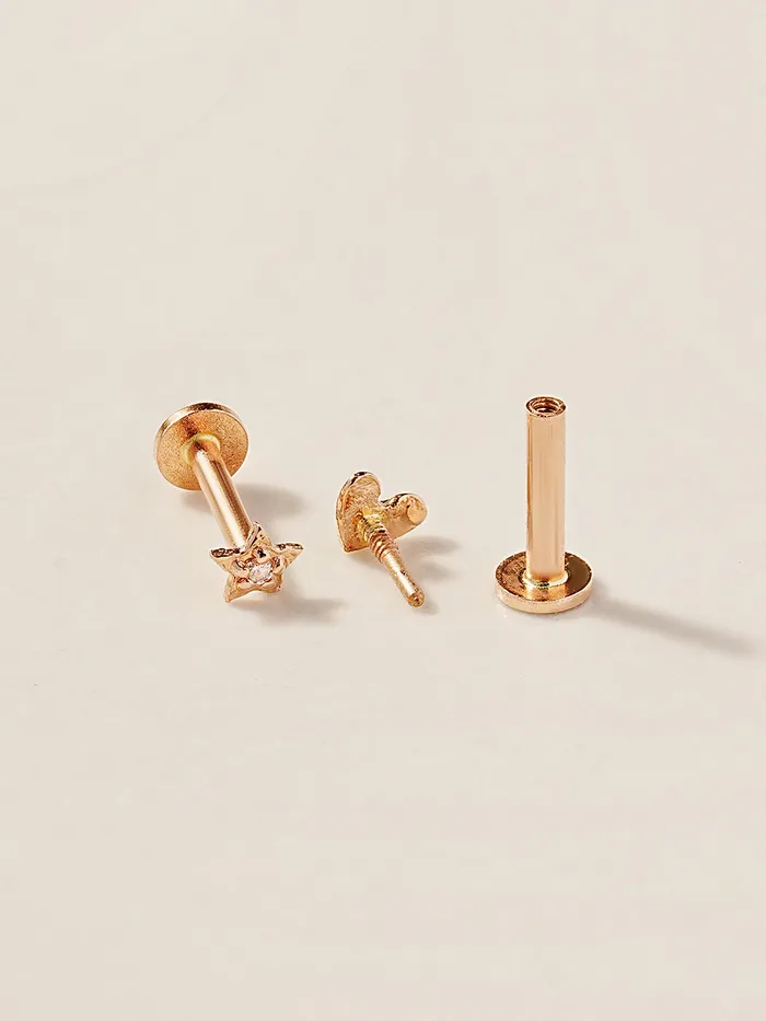 14K Gold Minimi Cubic Star and Heart Internally Threaded Labret Piercing 18G16G MinimalBijoux Necklaces