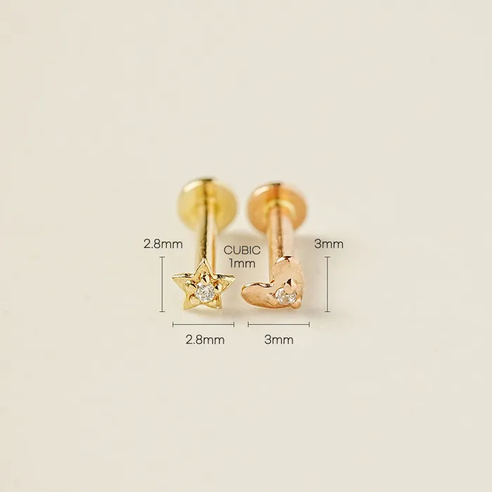 14K Gold Minimi Cubic Star and Heart Internally Threaded Labret Piercing 18G16G MinimalBijoux Necklaces