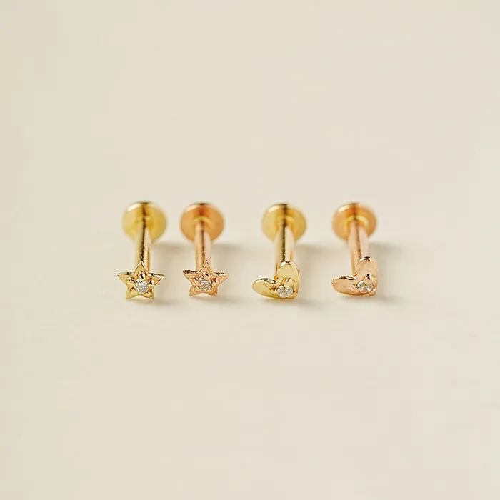 14K Gold Minimi Cubic Star and Heart Internally Threaded Labret Piercing 18G16G MinimalBijoux Necklaces