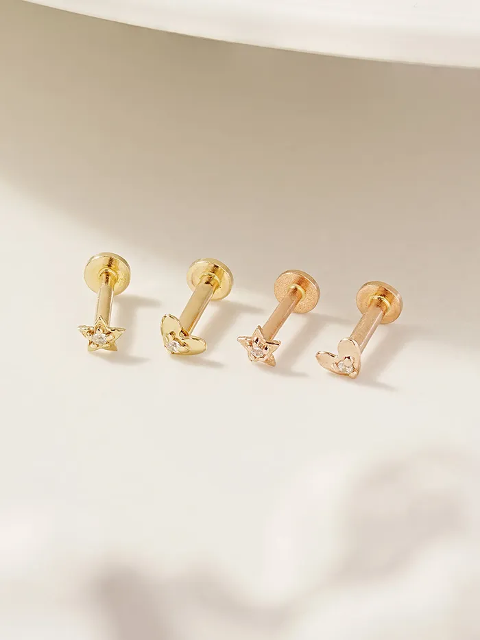 14K Gold Minimi Cubic Star and Heart Internally Threaded Labret Piercing 18G16G MinimalBijoux Necklaces