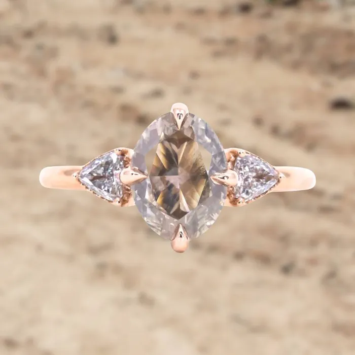Anueva Jewelry 202ct Oval Champagne Diamond Three Stone Antique Low Profile Ring in 18k Rose Gold Rings Anueva Jewelry 202ct Oval Champagne Diamond Three Stone Antique Low Profile Ring in 18k Rose Gold Rings