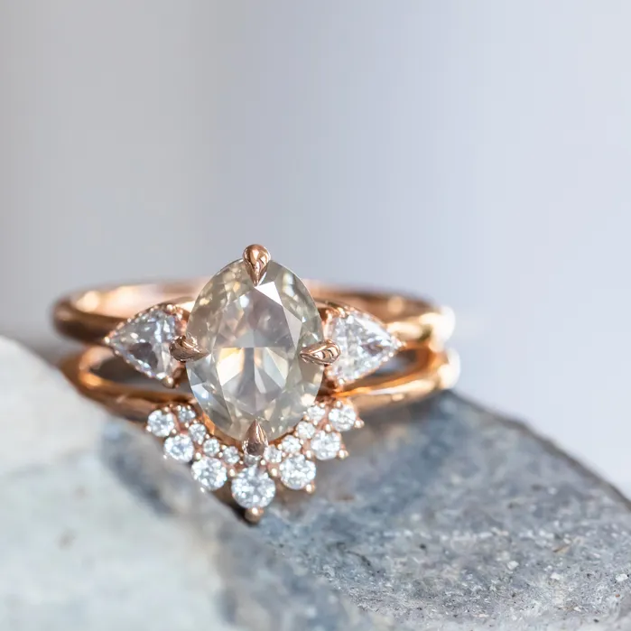 Anueva Jewelry 202ct Oval Champagne Diamond Three Stone Antique Low Profile Ring in 18k Rose Gold Rings