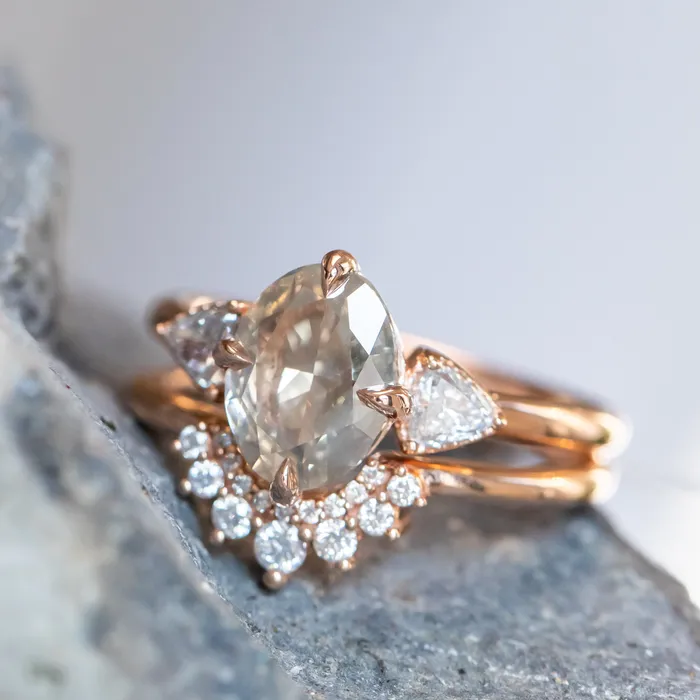 Anueva Jewelry 202ct Oval Champagne Diamond Three Stone Antique Low Profile Ring in 18k Rose Gold Rings