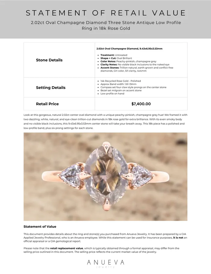 Anueva Jewelry 202ct Oval Champagne Diamond Three Stone Antique Low Profile Ring in 18k Rose Gold Rings