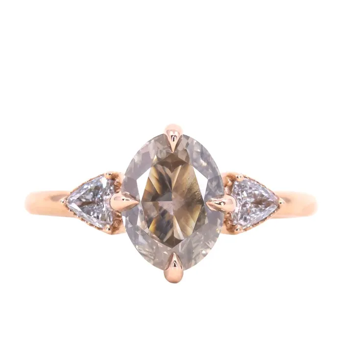 Anueva Jewelry 202ct Oval Champagne Diamond Three Stone Antique Low Profile Ring in 18k Rose Gold Rings