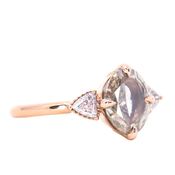 Anueva Jewelry 202ct Oval Champagne Diamond Three Stone Antique Low Profile Ring in 18k Rose Gold Rings