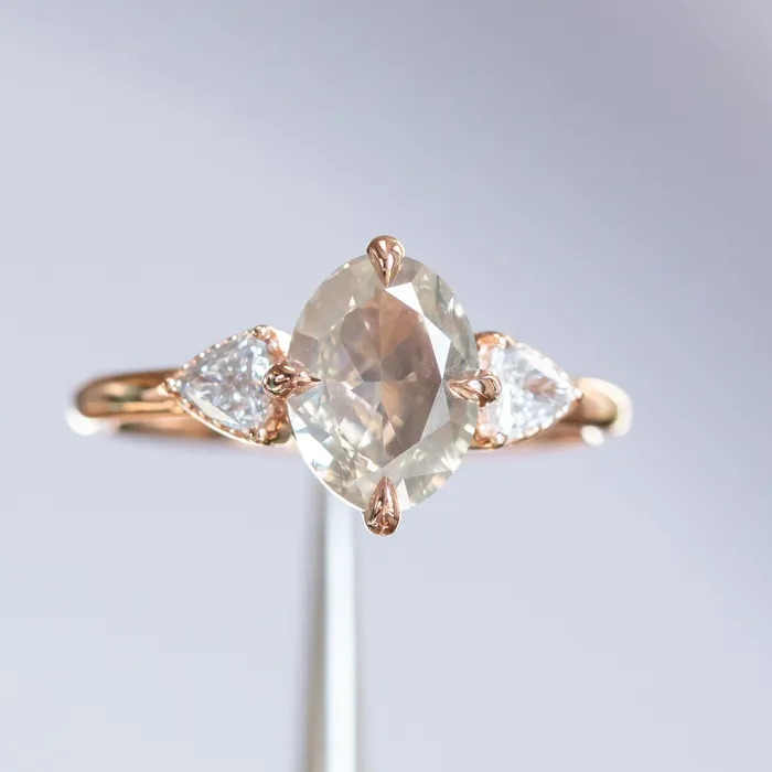 Anueva Jewelry 202ct Oval Champagne Diamond Three Stone Antique Low Profile Ring in 18k Rose Gold Rings