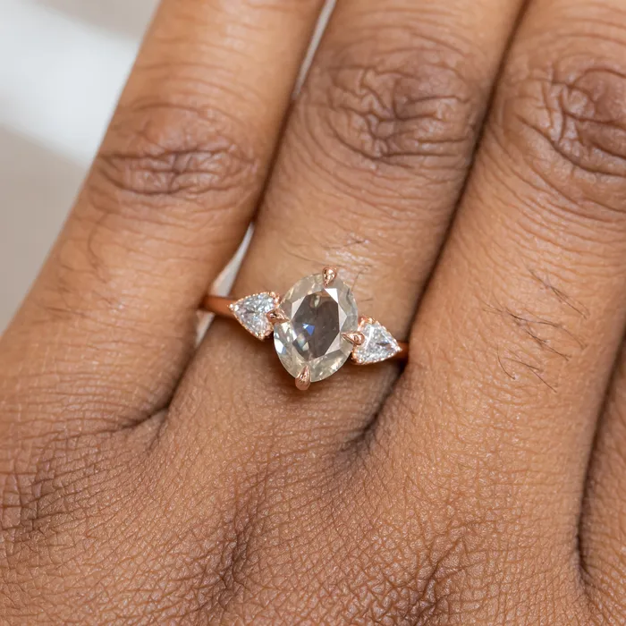 Anueva Jewelry 202ct Oval Champagne Diamond Three Stone Antique Low Profile Ring in 18k Rose Gold Rings