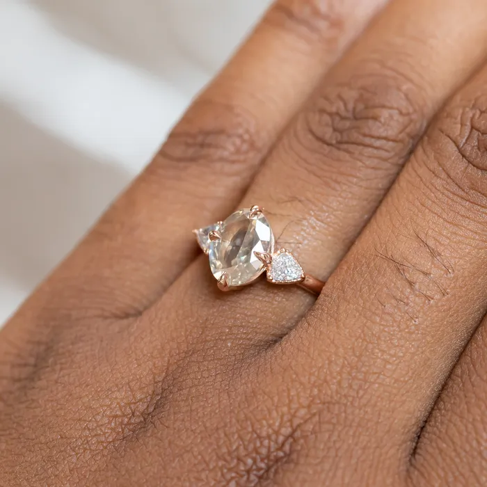 Anueva Jewelry 202ct Oval Champagne Diamond Three Stone Antique Low Profile Ring in 18k Rose Gold Rings