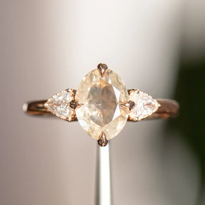Anueva Jewelry 202ct Oval Champagne Diamond Three Stone Antique Low Profile Ring in 18k Rose Gold Rings