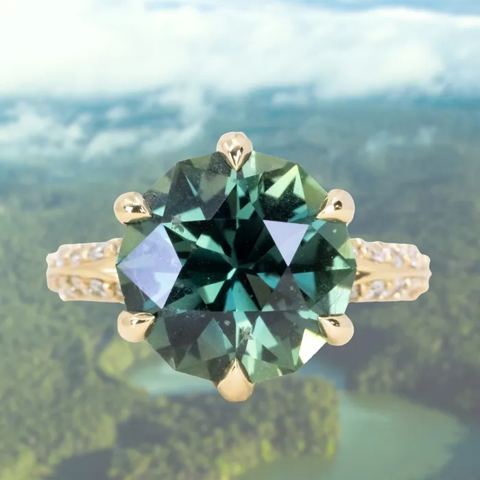 Anueva Jewelry 675ct Fancy Untreated Umba Sapphire Diamondstudded Six Prong Split Shank Solitaire in 18k Yellow Gold PreStyled Sets Anueva Jewelry 675ct Fancy Untreated Umba Sapphire Diamondstudded Six Prong Split Shank Solitaire in 18k Yellow Gold PreStyled Sets