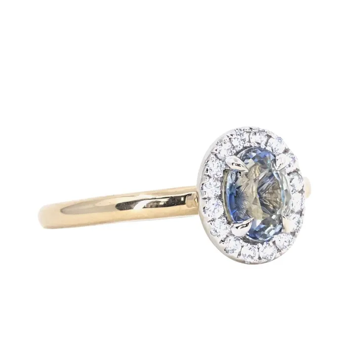 Anueva Jewelry Rings 105ct Oval Parti Sapphire and TwoTone 14k Yellow and White Gold Stackable Halo Ring