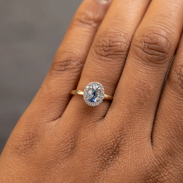 Anueva Jewelry Rings 105ct Oval Parti Sapphire and TwoTone 14k Yellow and White Gold Stackable Halo Ring