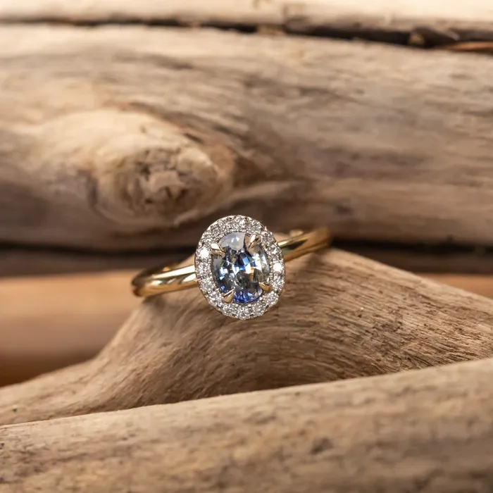 Anueva Jewelry Rings 105ct Oval Parti Sapphire and TwoTone 14k Yellow and White Gold Stackable Halo Ring