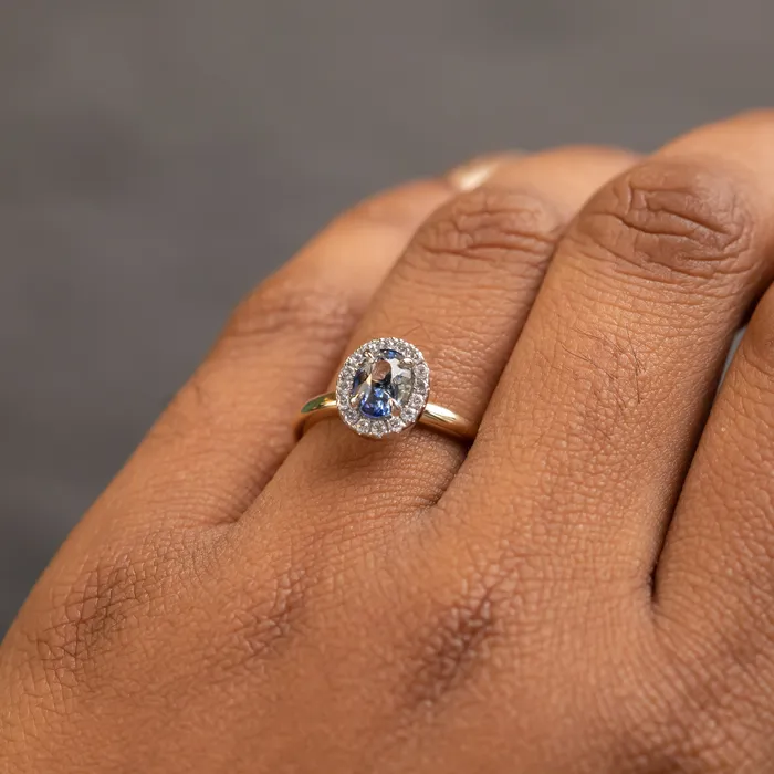 Anueva Jewelry Rings 105ct Oval Parti Sapphire and TwoTone 14k Yellow and White Gold Stackable Halo Ring