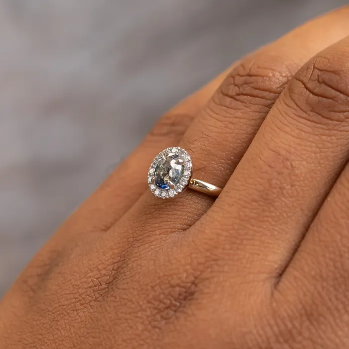 Anueva Jewelry Rings 105ct Oval Parti Sapphire and TwoTone 14k Yellow and White Gold Stackable Halo Ring
