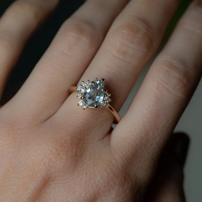 Anueva Jewelry Rings 221ct Pastel Pear Sapphire and Diamond Asymmetrical Cluster Ring in 14k Yellow Gold