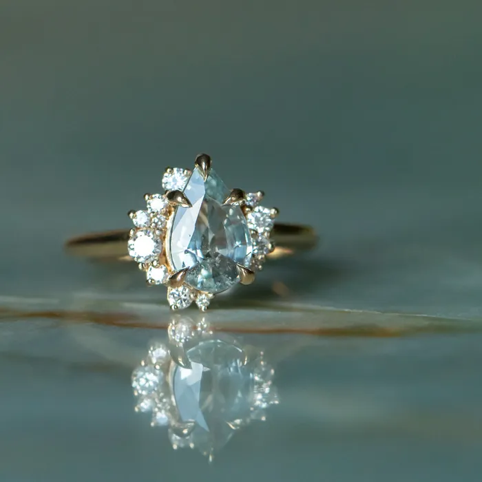 Anueva Jewelry Rings 221ct Pastel Pear Sapphire and Diamond Asymmetrical Cluster Ring in 14k Yellow Gold